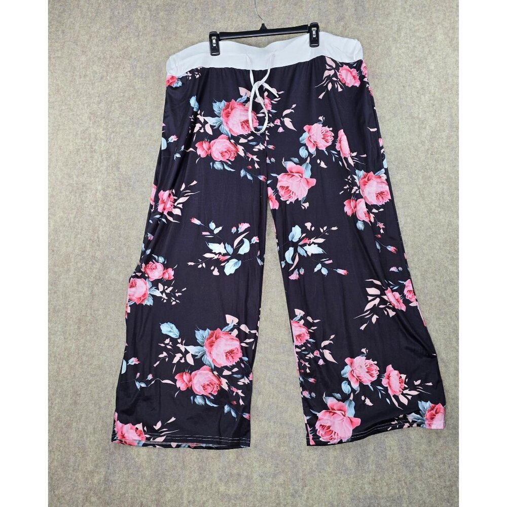 Black & Pink Women’s Wide-Leg Floral Lounge Pants Size 7XL Stretchy Polyester
